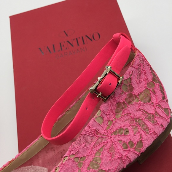 NIB Valentino Garavani Lace Ankle Strap Flats in Pink Size 38 - Picture 7 of 9